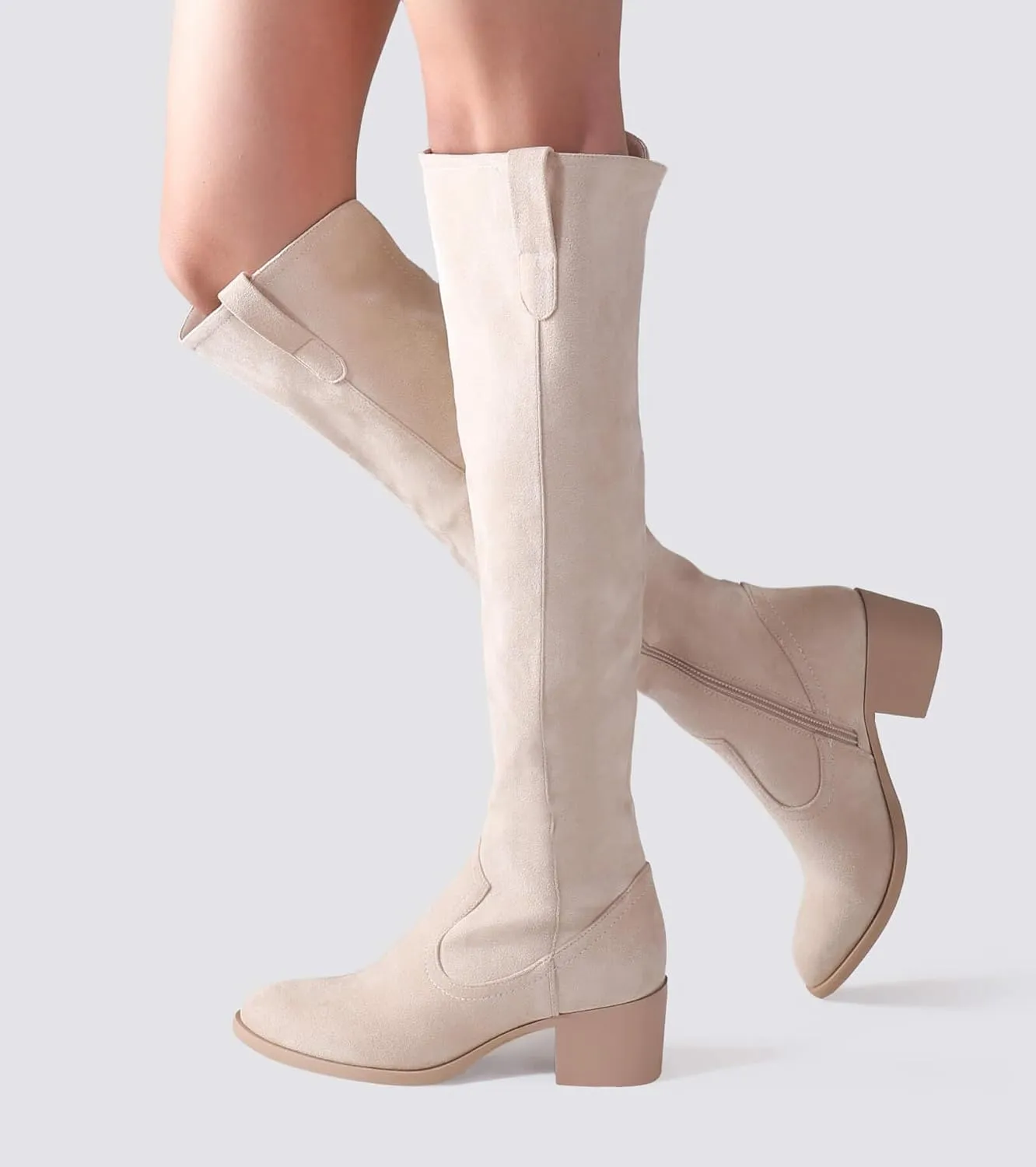Shoe'N Tale Women's Over The Knee Thigh High Chunky Heel Pointed Toe Faux Suede Side Zipper Fall Weather Winter Boots