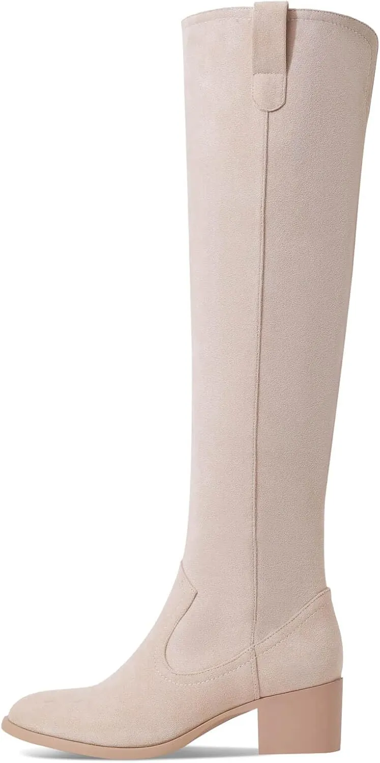 Shoe'N Tale Women's Over The Knee Thigh High Chunky Heel Pointed Toe Faux Suede Side Zipper Fall Weather Winter Boots