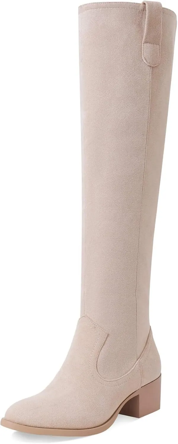 Shoe'N Tale Women's Over The Knee Thigh High Chunky Heel Pointed Toe Faux Suede Side Zipper Fall Weather Winter Boots