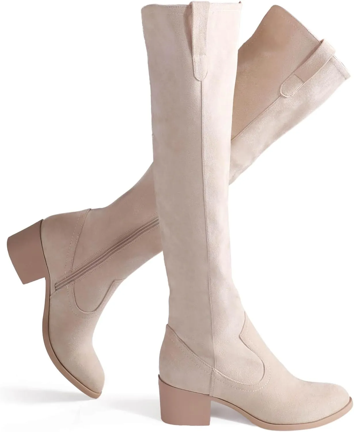 Shoe'N Tale Women's Over The Knee Thigh High Chunky Heel Pointed Toe Faux Suede Side Zipper Fall Weather Winter Boots