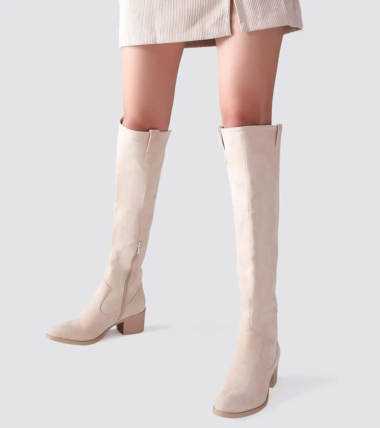 Shoe'N Tale Women's Over The Knee Thigh High Chunky Heel Pointed Toe Faux Suede Side Zipper Fall Weather Winter Boots
