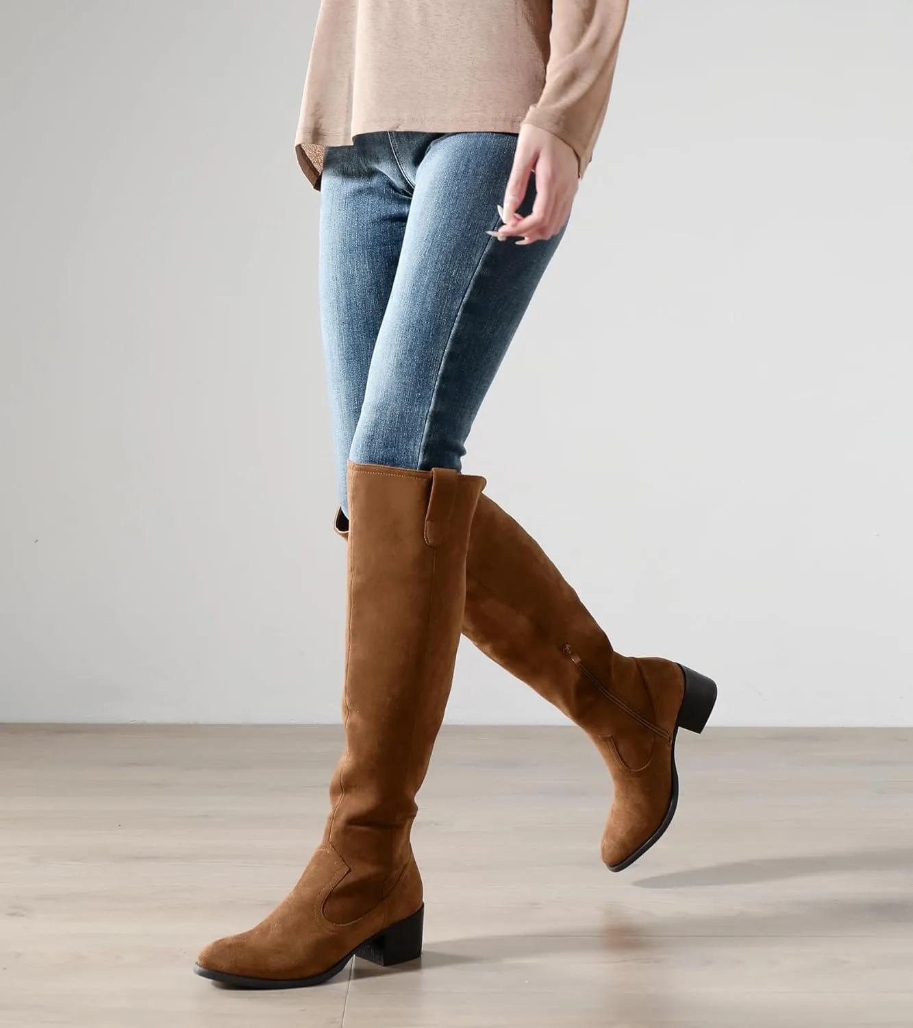 Shoe'N Tale Women's Over The Knee Thigh High Chunky Heel Pointed Toe Faux Suede Side Zipper Fall Weather Winter Boots