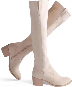 Shoe'N Tale Women's Over The Knee Thigh High Chunky Heel Pointed Toe Faux Suede Side Zipper Fall Weather Winter Boots