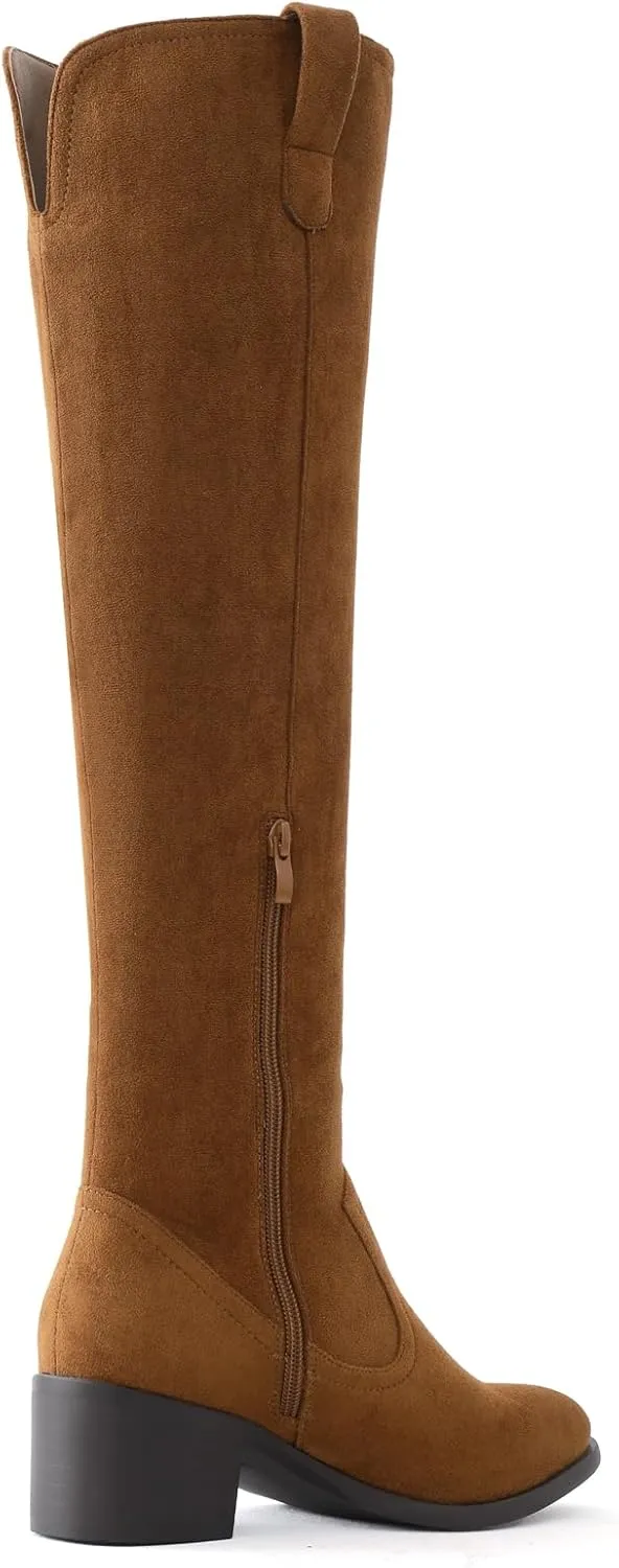 Shoe'N Tale Women's Over The Knee Thigh High Chunky Heel Pointed Toe Faux Suede Side Zipper Fall Weather Winter Boots