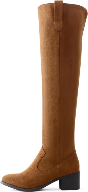Shoe'N Tale Women's Over The Knee Thigh High Chunky Heel Pointed Toe Faux Suede Side Zipper Fall Weather Winter Boots