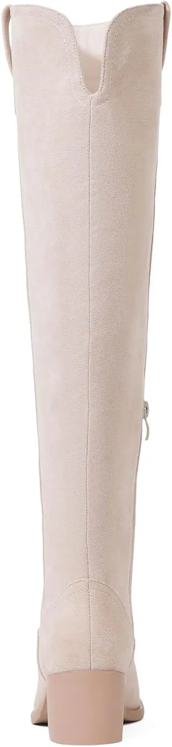 Shoe'N Tale Women's Over The Knee Thigh High Chunky Heel Pointed Toe Faux Suede Side Zipper Fall Weather Winter Boots
