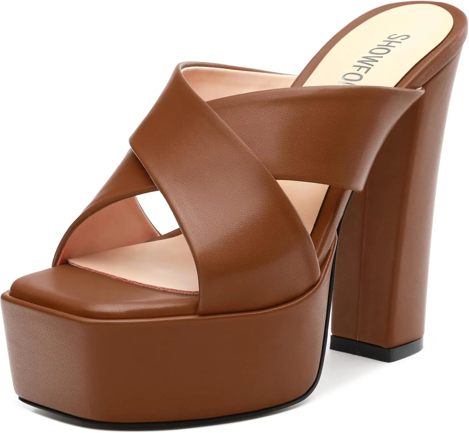 SHOWFOREST Heels for Women Platform Block High Heel Square Open Toe Matte 5 Inch Sandals Slip on Fashion Party Wedding Dating Dress Shoes