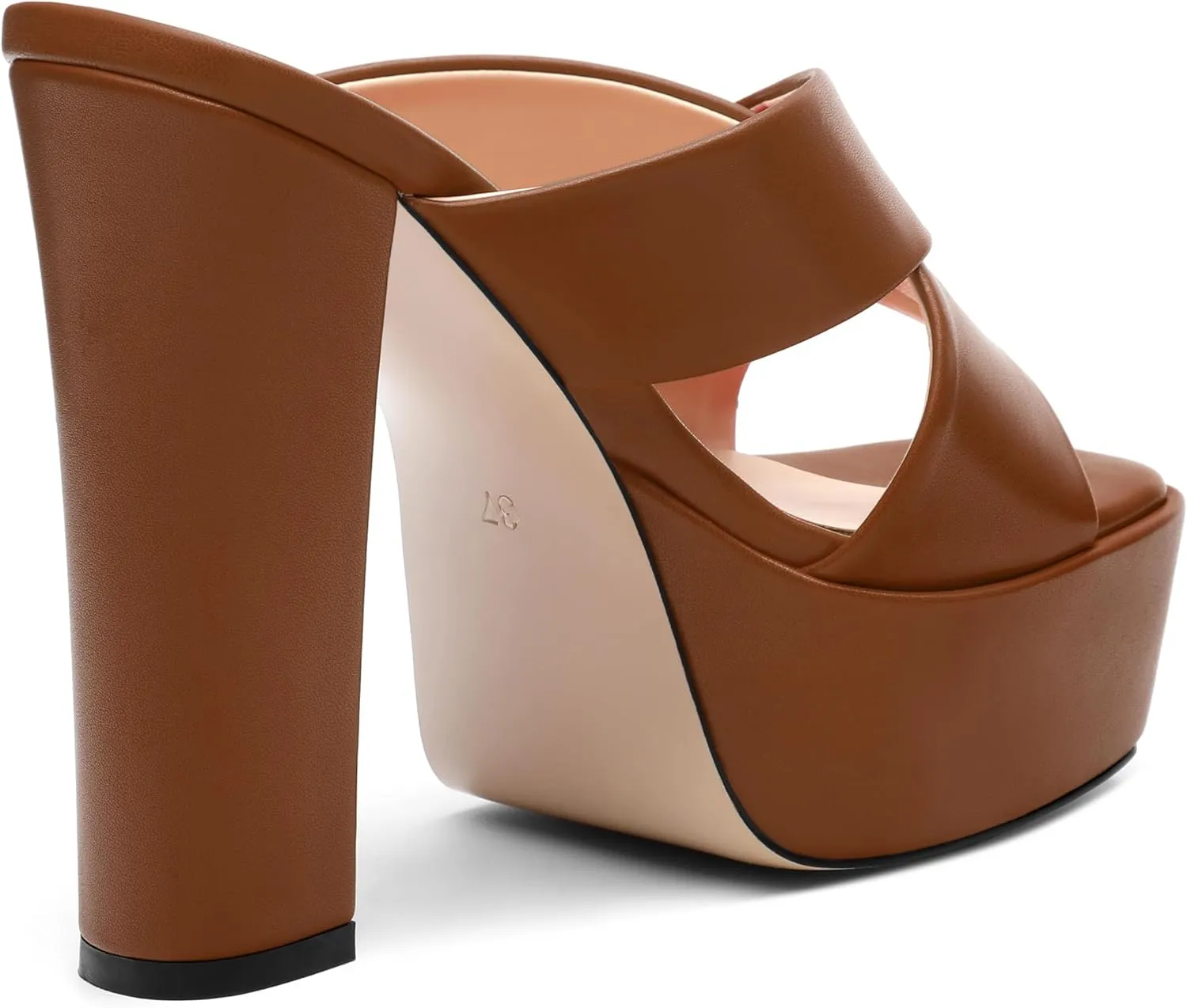 SHOWFOREST Heels for Women Platform Block High Heel Square Open Toe Matte 5 Inch Sandals Slip on Fashion Party Wedding Dating Dress Shoes