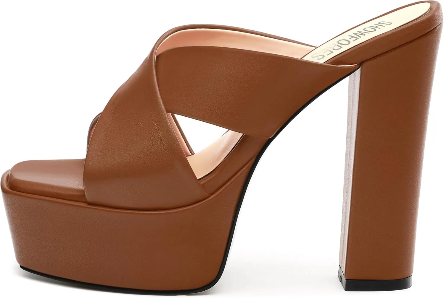 SHOWFOREST Heels for Women Platform Block High Heel Square Open Toe Matte 5 Inch Sandals Slip on Fashion Party Wedding Dating Dress Shoes