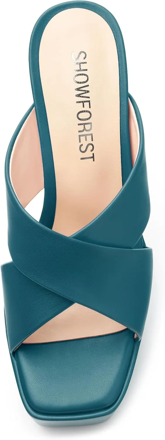 SHOWFOREST Heels for Women Platform Block High Heel Square Open Toe Matte 5 Inch Sandals Slip on Fashion Party Wedding Dating Dress Shoes