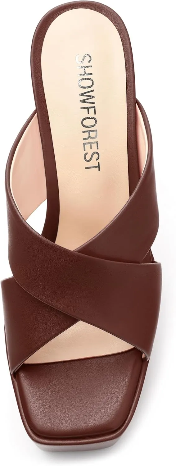 SHOWFOREST Heels for Women Platform Block High Heel Square Open Toe Matte 5 Inch Sandals Slip on Fashion Party Wedding Dating Dress Shoes