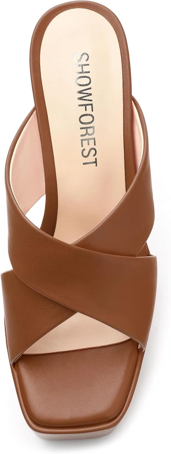 SHOWFOREST Heels for Women Platform Block High Heel Square Open Toe Matte 5 Inch Sandals Slip on Fashion Party Wedding Dating Dress Shoes
