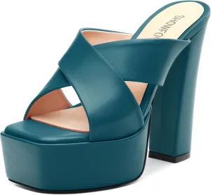 SHOWFOREST Heels for Women Platform Block High Heel Square Open Toe Matte 5 Inch Sandals Slip on Fashion Party Wedding Dating Dress Shoes