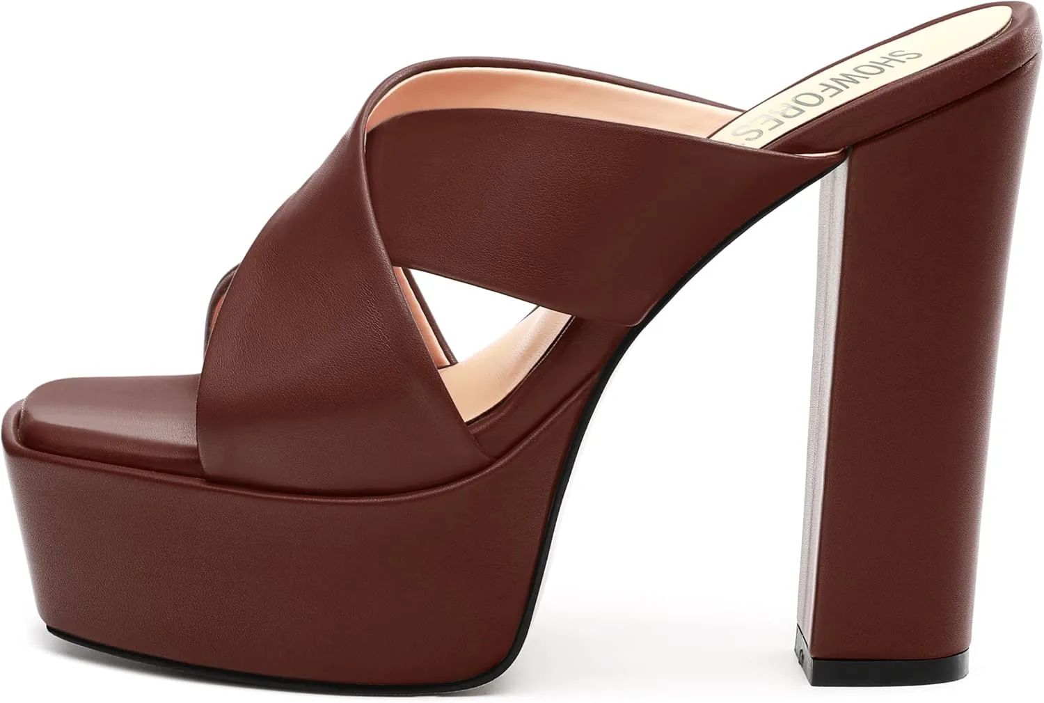 SHOWFOREST Heels for Women Platform Block High Heel Square Open Toe Matte 5 Inch Sandals Slip on Fashion Party Wedding Dating Dress Shoes