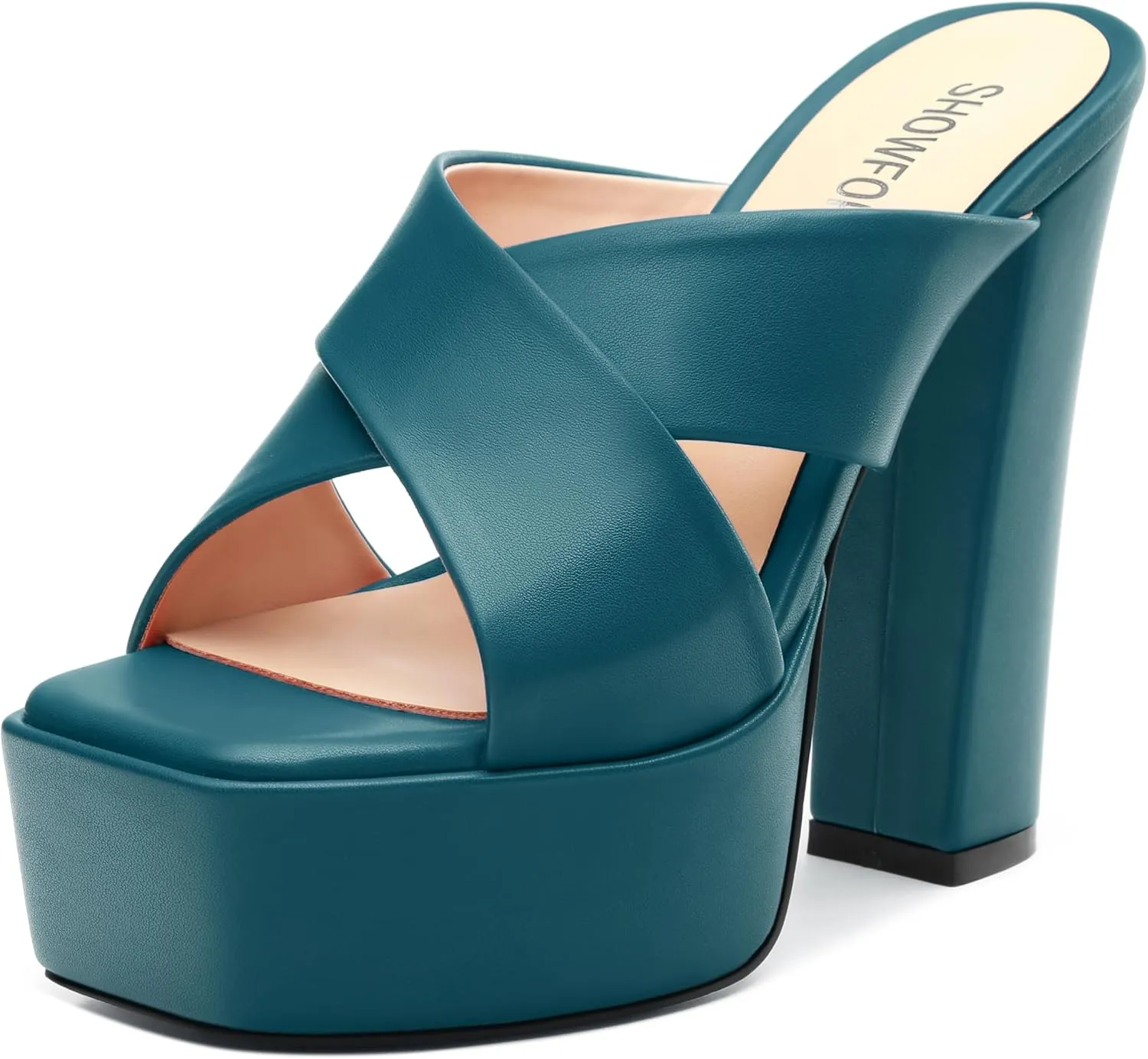 SHOWFOREST Heels for Women Platform Block High Heel Square Open Toe Matte 5 Inch Sandals Slip on Fashion Party Wedding Dating Dress Shoes