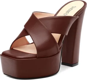 SHOWFOREST Heels for Women Platform Block High Heel Square Open Toe Matte 5 Inch Sandals Slip on Fashion Party Wedding Dating Dress Shoes