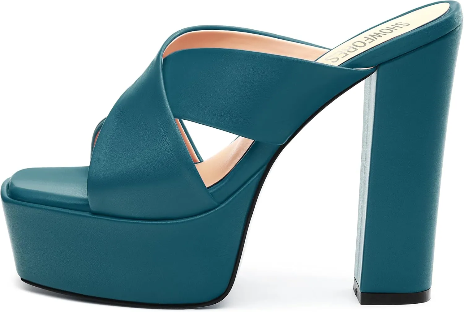 SHOWFOREST Heels for Women Platform Block High Heel Square Open Toe Matte 5 Inch Sandals Slip on Fashion Party Wedding Dating Dress Shoes