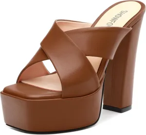 SHOWFOREST Heels for Women Platform Block High Heel Square Open Toe Matte 5 Inch Sandals Slip on Fashion Party Wedding Dating Dress Shoes