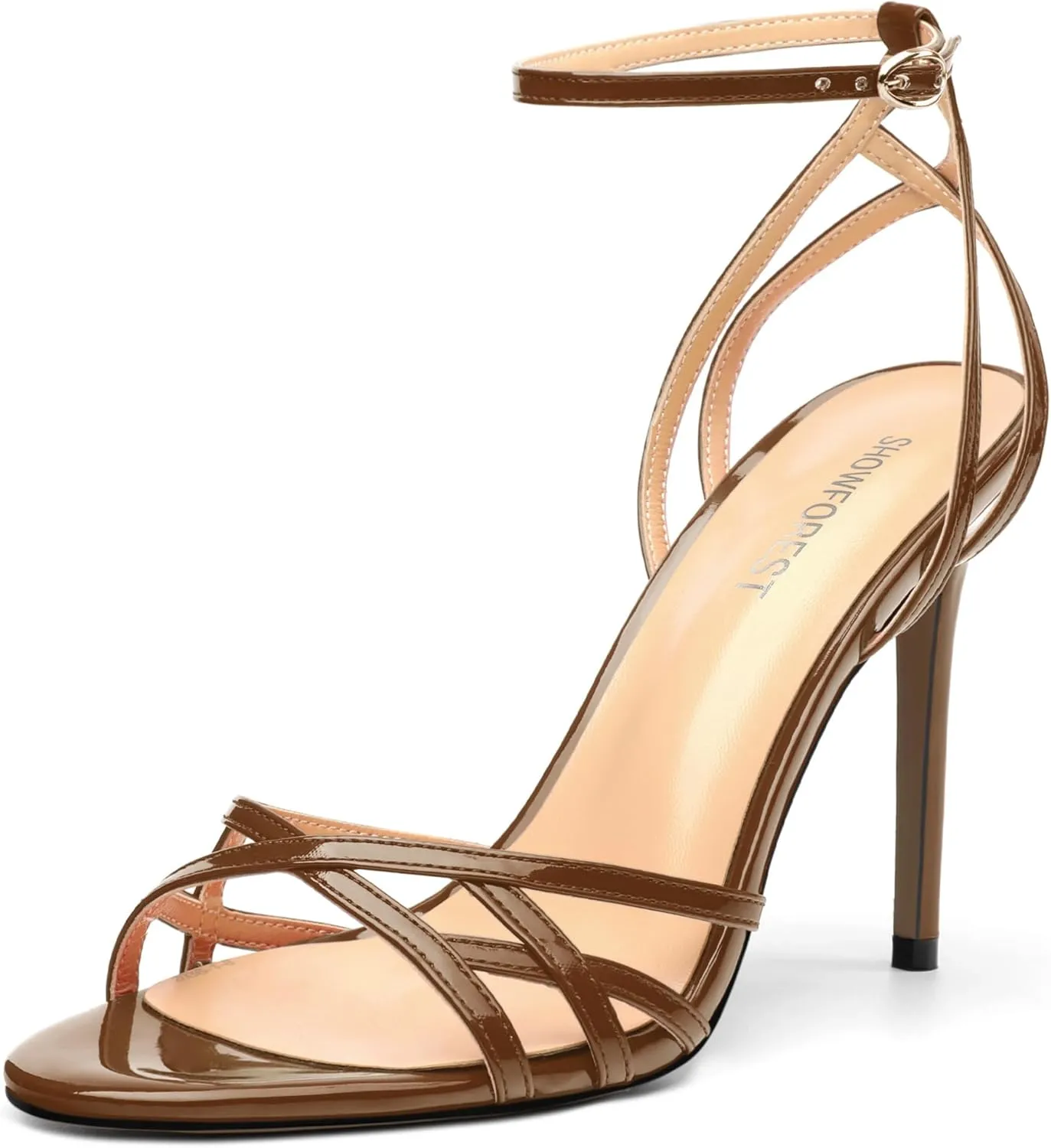 SHOWFOREST Strappy Heels for Women Stiletto High Heels Open Round Toe Patent 4 Inch Sandals with Ankle Strap Sexy for Dating Party Evening Dress Shoes