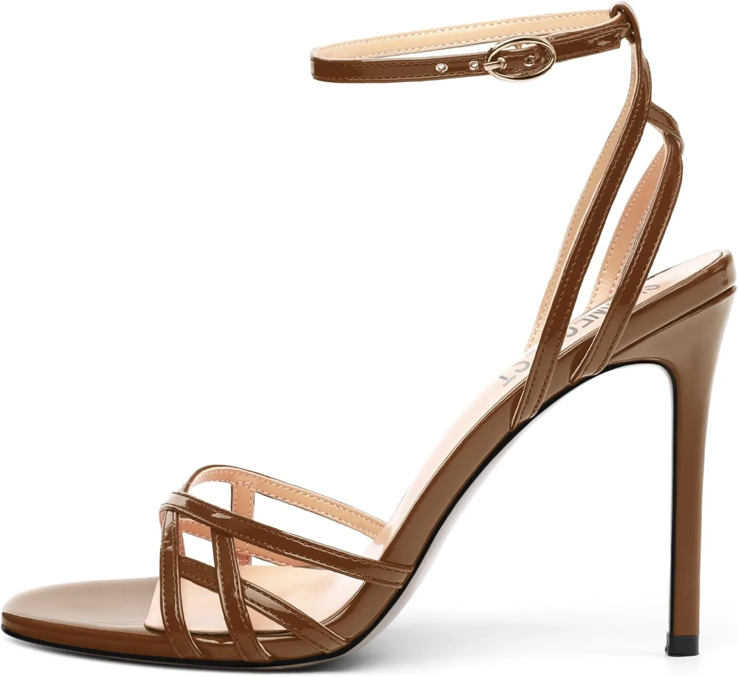SHOWFOREST Strappy Heels for Women Stiletto High Heels Open Round Toe Patent 4 Inch Sandals with Ankle Strap Sexy for Dating Party Evening Dress Shoes