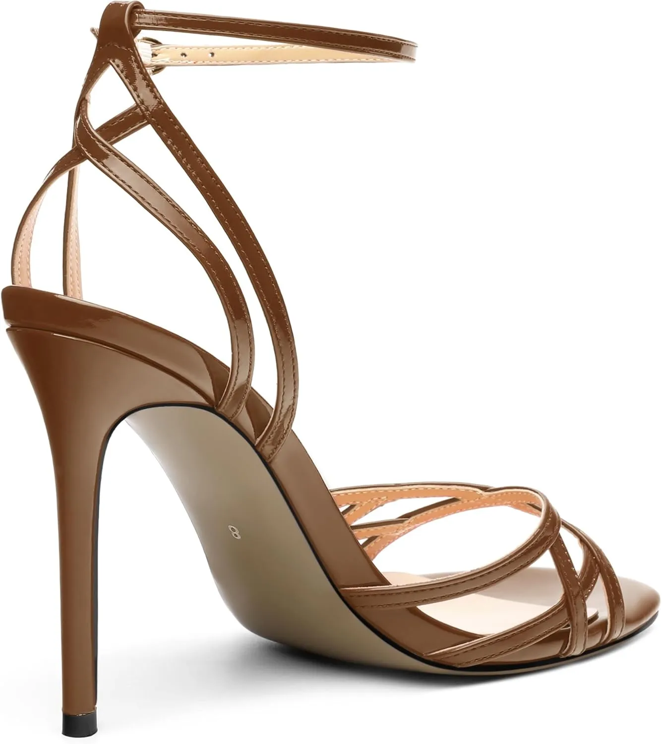 SHOWFOREST Strappy Heels for Women Stiletto High Heels Open Round Toe Patent 4 Inch Sandals with Ankle Strap Sexy for Dating Party Evening Dress Shoes