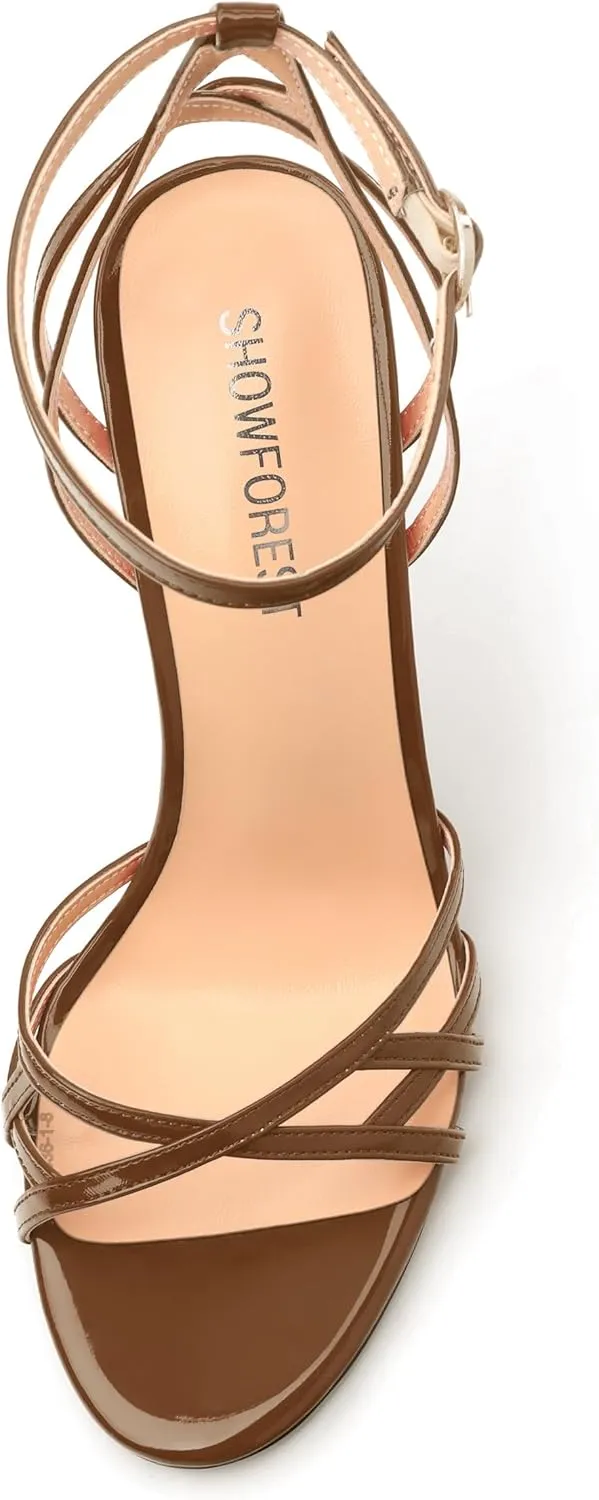 SHOWFOREST Strappy Heels for Women Stiletto High Heels Open Round Toe Patent 4 Inch Sandals with Ankle Strap Sexy for Dating Party Evening Dress Shoes