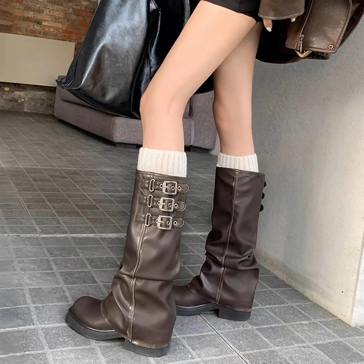 Slouchy Fold Over Motorcycle Riding Boots With Buckle Women's Wide Mid Calf Casual Comfortable Moto Biker Boots