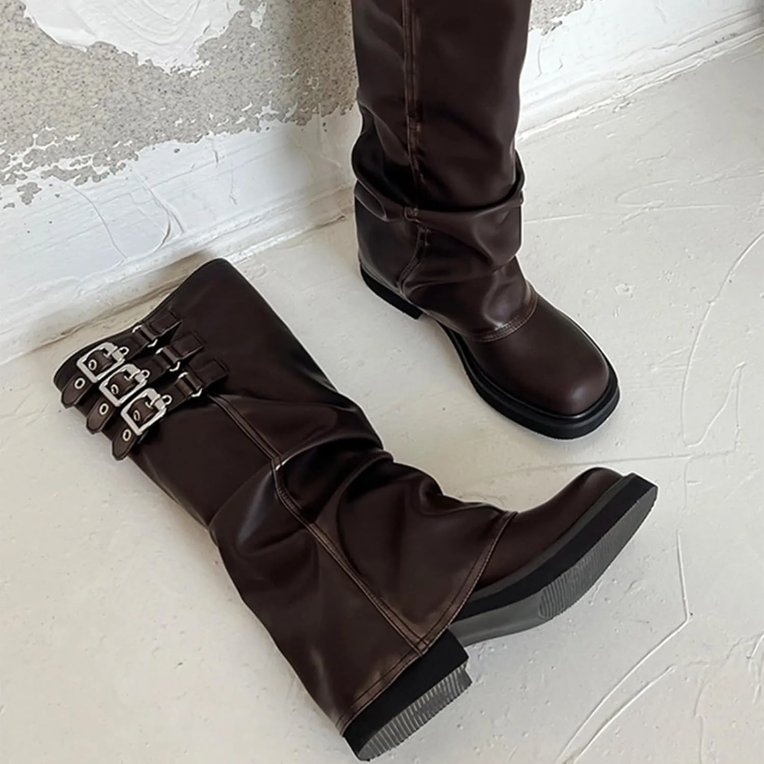 Slouchy Fold Over Motorcycle Riding Boots With Buckle Women's Wide Mid Calf Casual Comfortable Moto Biker Boots
