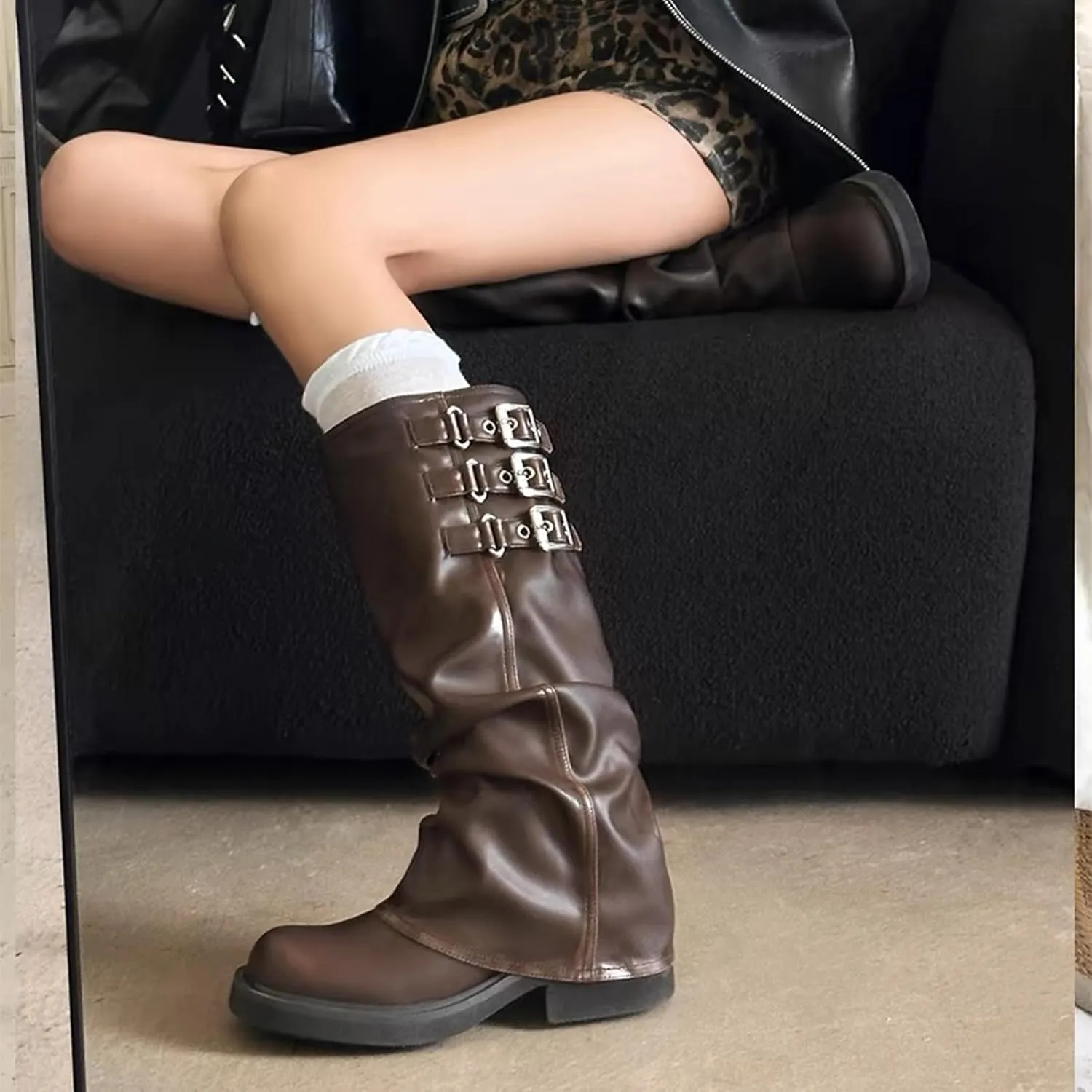 Slouchy Fold Over Motorcycle Riding Boots With Buckle Women's Wide Mid Calf Casual Comfortable Moto Biker Boots