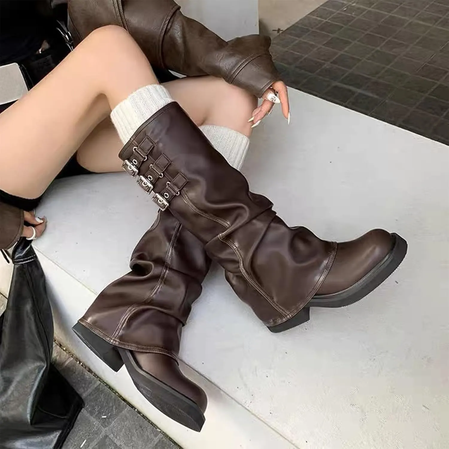 Slouchy Fold Over Motorcycle Riding Boots With Buckle Women's Wide Mid Calf Casual Comfortable Moto Biker Boots