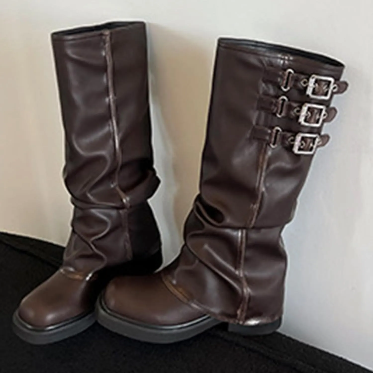 Slouchy Fold Over Motorcycle Riding Boots With Buckle Women's Wide Mid Calf Casual Comfortable Moto Biker Boots