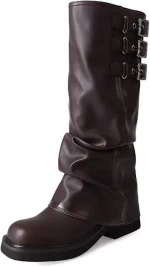 Slouchy Fold Over Motorcycle Riding Boots With Buckle Women's Wide Mid Calf Casual Comfortable Moto Biker Boots