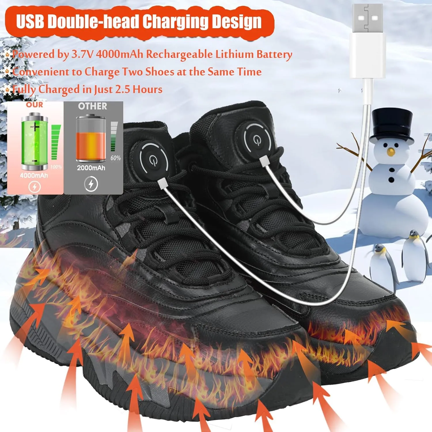 Sneakers Heated Electric, Heated Shoes Foot Warmer Rechargeable for Men and Women, 4000mAh Battery Max 20H Heated, Washable Winter Heated Snow Boots Warm