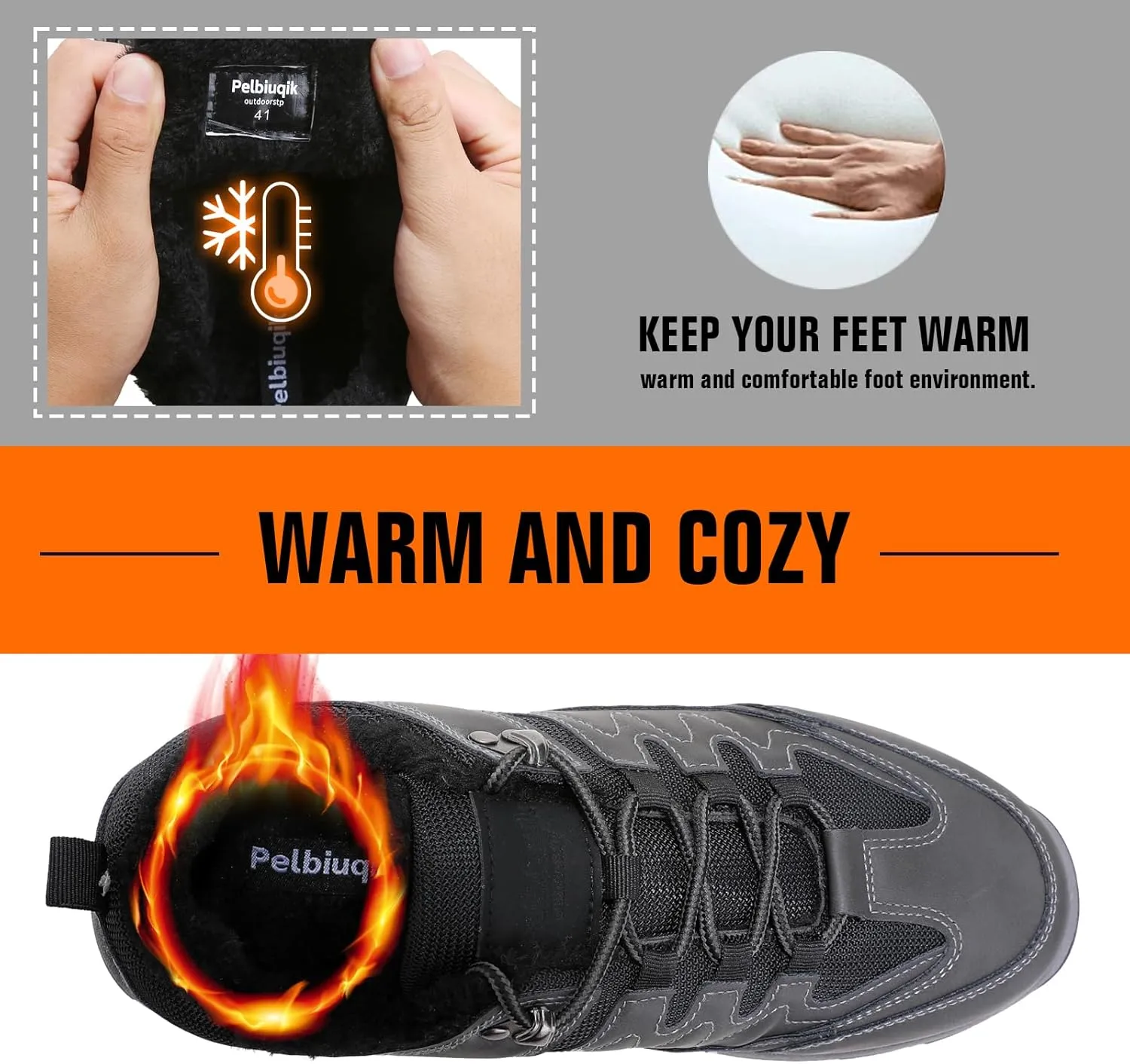 Snow Boots for Men, Slip on Waterproof Hiking Boots with Fur Lined, Mens Winter Boots Shoes Non-Slip Rubber Sole Outdoor Comfortable Walking Shoes