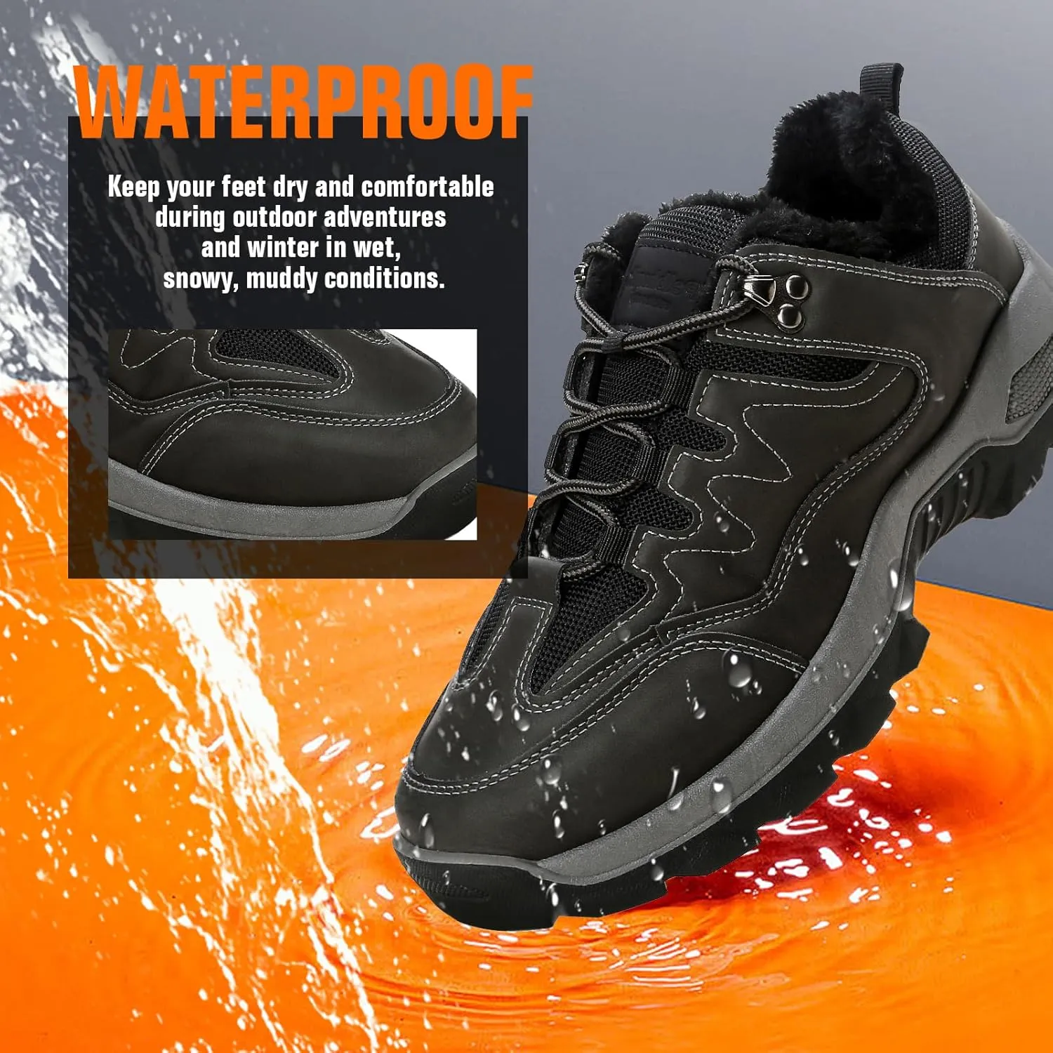 Snow Boots for Men, Slip on Waterproof Hiking Boots with Fur Lined, Mens Winter Boots Shoes Non-Slip Rubber Sole Outdoor Comfortable Walking Shoes