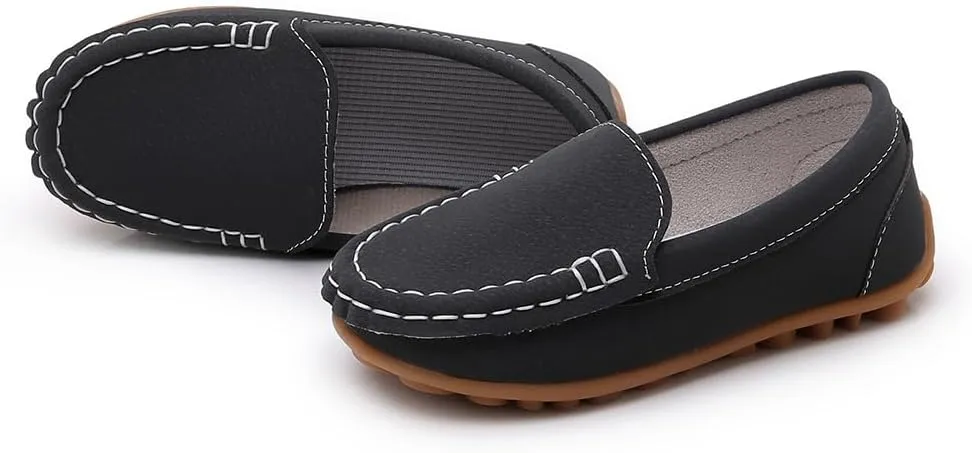 SOFMUO Boys Girls Leather Loafers Slip-On Oxford Flats Boat Dress Schooling Daily Walking Shoes(Toddler/Little Kids)
