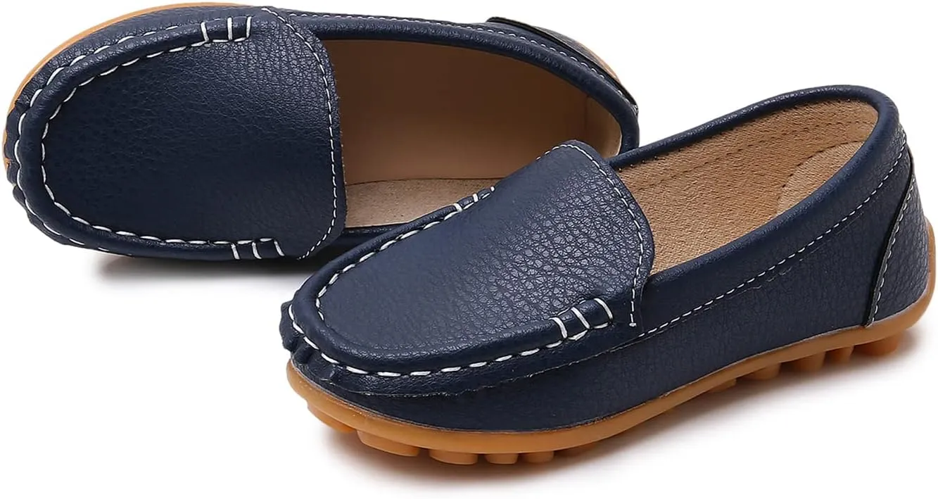 SOFMUO Boys Girls Leather Loafers Slip-On Oxford Flats Boat Dress Schooling Daily Walking Shoes(Toddler/Little Kids)