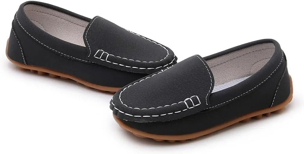 SOFMUO Boys Girls Leather Loafers Slip-On Oxford Flats Boat Dress Schooling Daily Walking Shoes(Toddler/Little Kids)