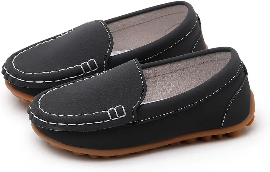 SOFMUO Boys Girls Leather Loafers Slip-On Oxford Flats Boat Dress Schooling Daily Walking Shoes(Toddler/Little Kids)