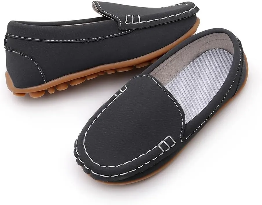 SOFMUO Boys Girls Leather Loafers Slip-On Oxford Flats Boat Dress Schooling Daily Walking Shoes(Toddler/Little Kids)