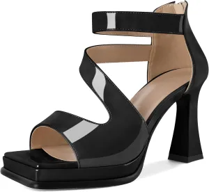 Soireelady Womens Platform Chunky Heel Sandals, Square Open Toe Block High Heels, Ankle Strappy Heeled Sandals Wedding Prom Dress Shoes 3.5 Inch