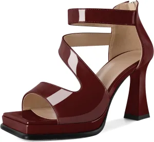 Soireelady Womens Platform Chunky Heel Sandals, Square Open Toe Block High Heels, Ankle Strappy Heeled Sandals Wedding Prom Dress Shoes 3.5 Inch