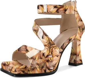 Soireelady Womens Platform Chunky Heel Sandals, Square Open Toe Block High Heels, Ankle Strappy Heeled Sandals Wedding Prom Dress Shoes 3.5 Inch