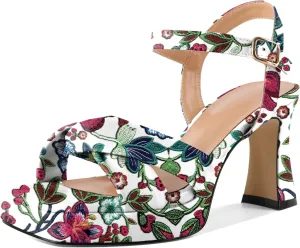 Soireelady Womens Platform Heels, Chunky Heel Ankle Strap Open Toe Block Heels, Square Toe Ankle Strap Heeled Sandals 3.5 Inches