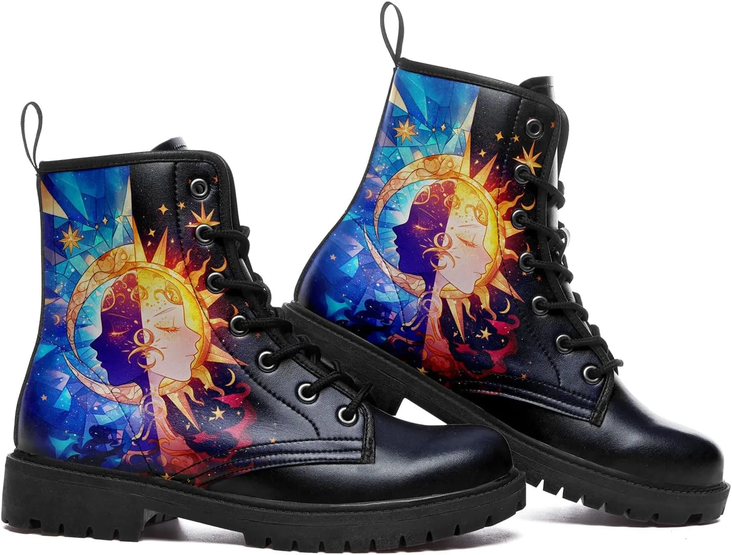 Sun and Moon Fashion Women's Ankle Boots Men's Platform Lace-up Leather Combat Booties Gift Winter Fall Dress Boots