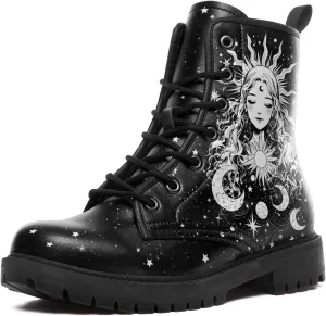 Sun and Moon Fashion Women's Ankle Boots Men's Platform Lace-up Leather Combat Booties Gift Winter Fall Dress Boots