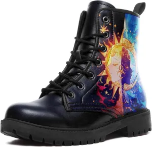 Sun and Moon Fashion Women's Ankle Boots Men's Platform Lace-up Leather Combat Booties Gift Winter Fall Dress Boots