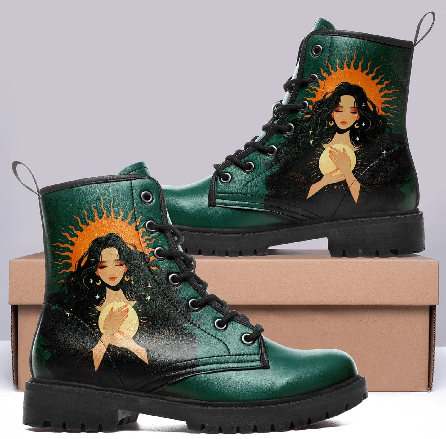 Sun and Moon Fashion Women's Ankle Boots Men's Platform Lace-up Leather Combat Booties Gift Winter Fall Dress Boots