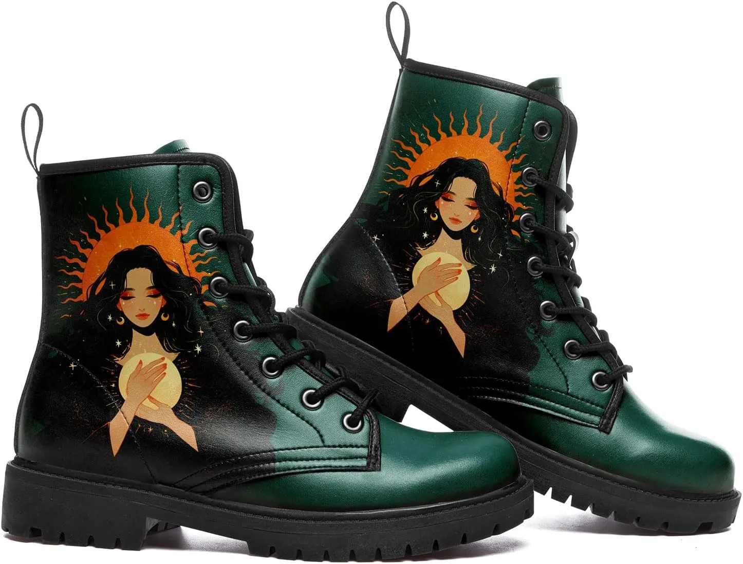 Sun and Moon Fashion Women's Ankle Boots Men's Platform Lace-up Leather Combat Booties Gift Winter Fall Dress Boots