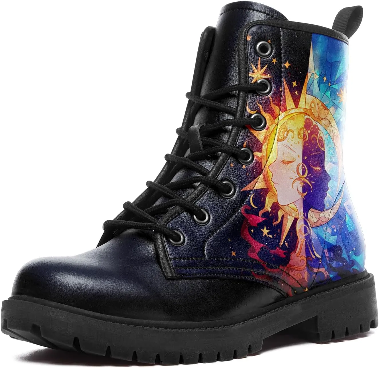 Sun and Moon Fashion Women's Ankle Boots Men's Platform Lace-up Leather Combat Booties Gift Winter Fall Dress Boots